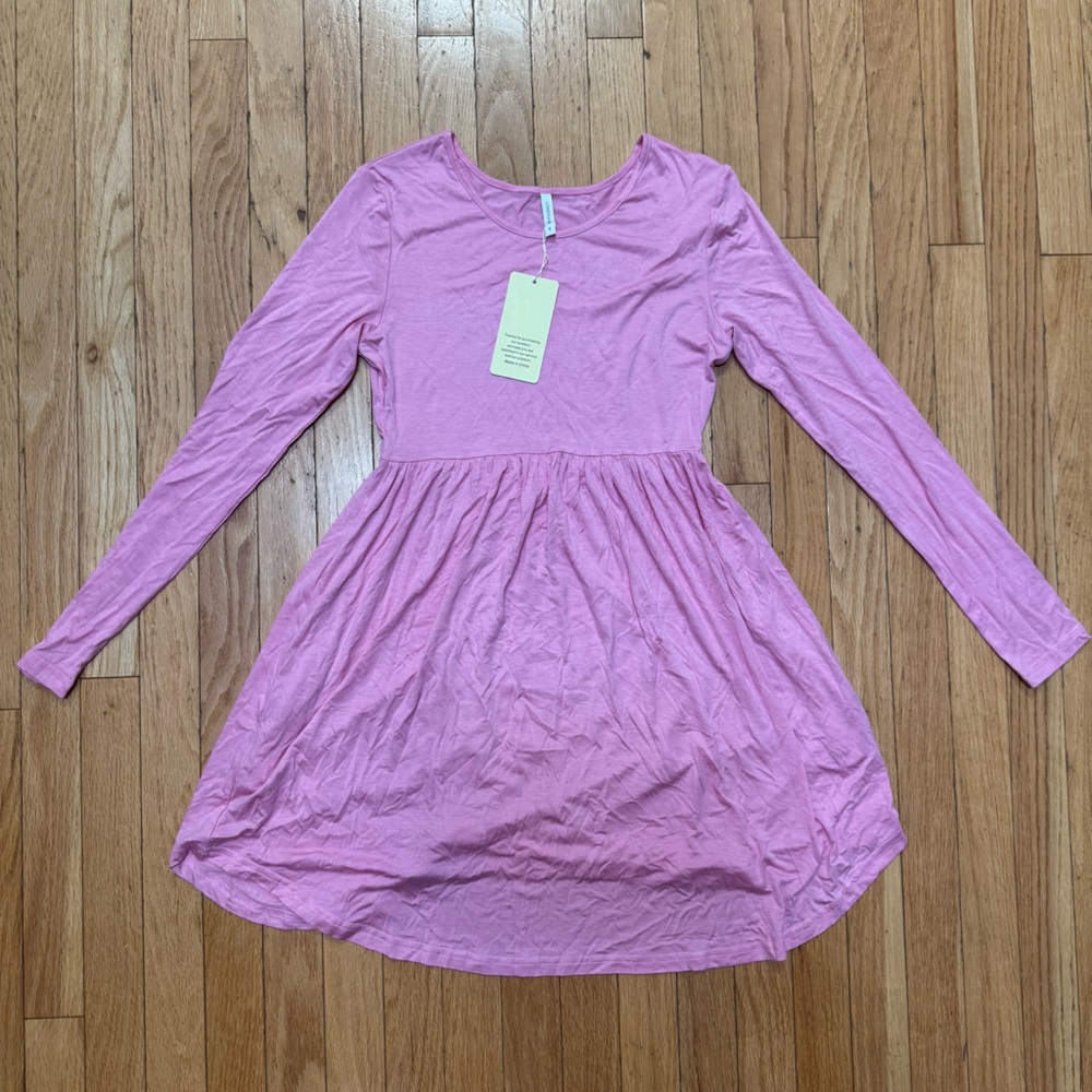 Women Pink Long Sleeve Skater Dress Empire Waist‎ Scoop Neck Small NWT